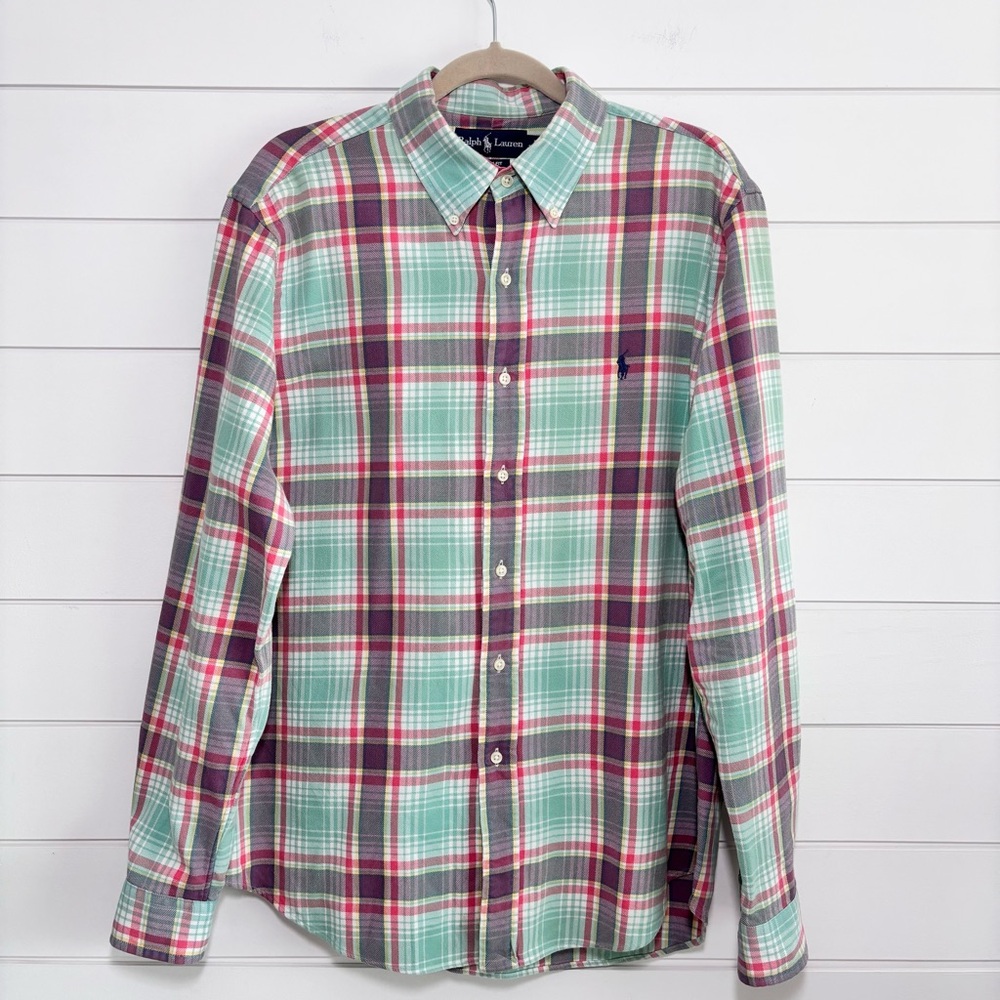 Ralph Lauren Button Up Mens Size L Green Custom Fit Long Sleeve Plaid shirt